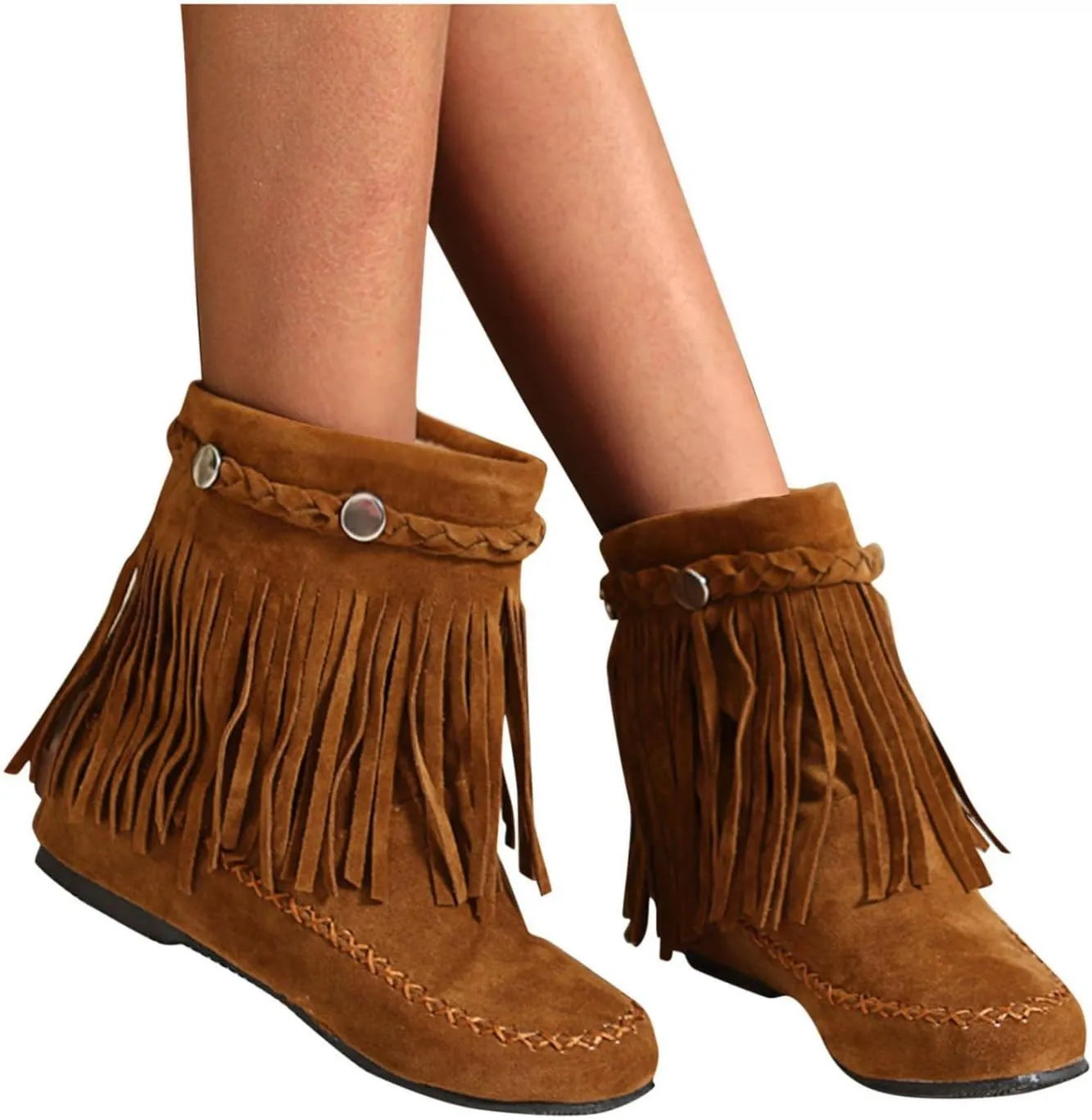 Hbeylia Women's Boots With Fringe Boho Fashion Casual Suede Round Toe Slip On Flats Wide Mid Calf Ankle Booties Bohemian Travel Comfort No Heels Winter Fall Dress Short Boots For Women Christmas Décor