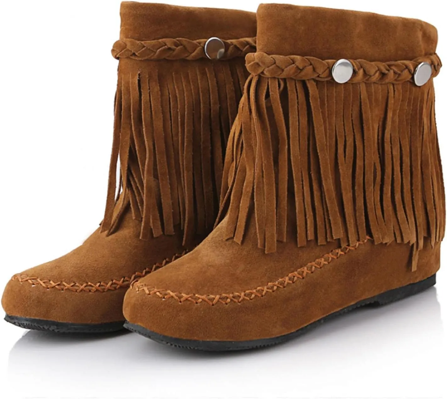 Hbeylia Women's Boots With Fringe Boho Fashion Casual Suede Round Toe Slip On Flats Wide Mid Calf Ankle Booties Bohemian Travel Comfort No Heels Winter Fall Dress Short Boots For Women Christmas Décor