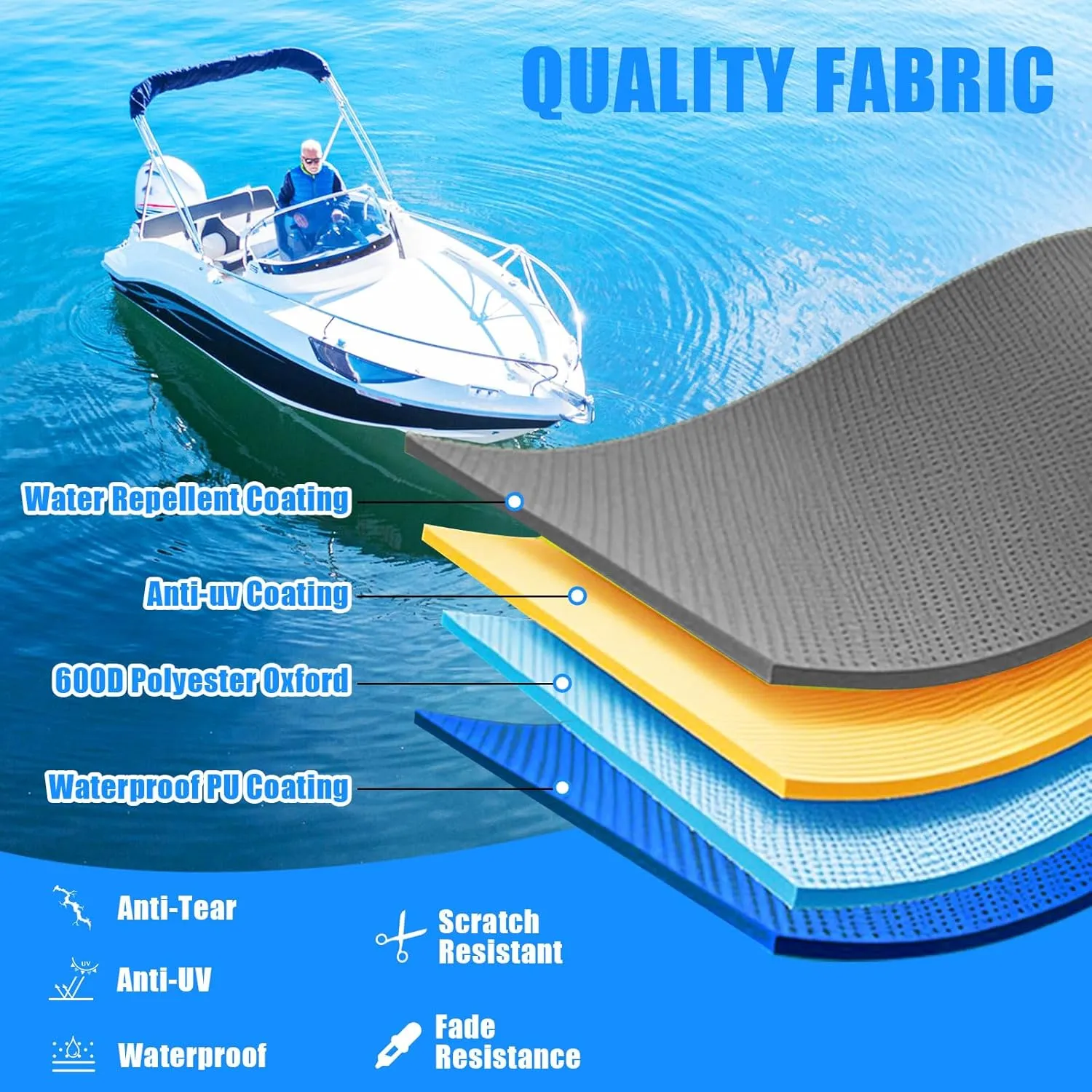 Heavy Duty 600D Boat Cover, Waterproof & UV Resistant, Fits 16-18.5 FT V-Hull, Tri-Hull, Bass Boats – Trailerable Marine Grade Cover with Adjustable Straps for All-Weather Protection