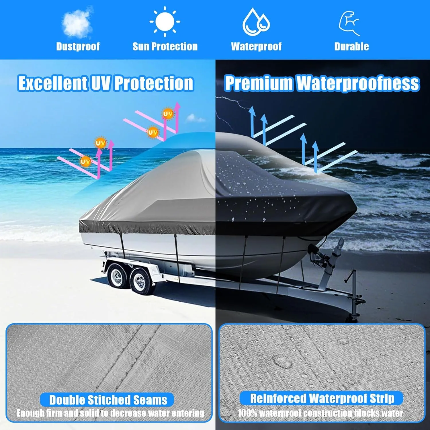 Heavy Duty 600D Boat Cover, Waterproof & UV Resistant, Fits 16-18.5 FT V-Hull, Tri-Hull, Bass Boats – Trailerable Marine Grade Cover with Adjustable Straps for All-Weather Protection