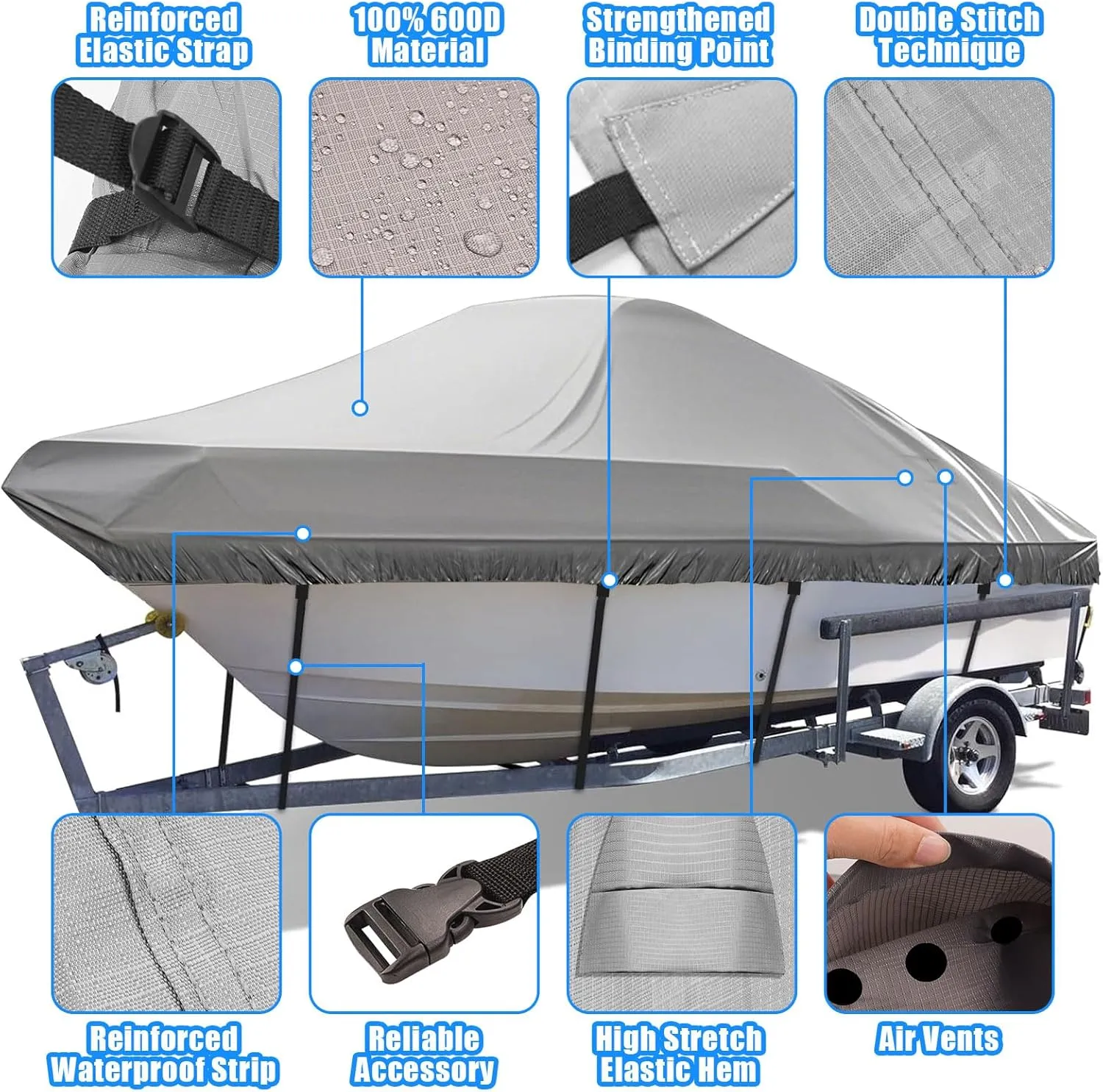 Heavy Duty 600D Boat Cover, Waterproof & UV Resistant, Fits 16-18.5 FT V-Hull, Tri-Hull, Bass Boats – Trailerable Marine Grade Cover with Adjustable Straps for All-Weather Protection