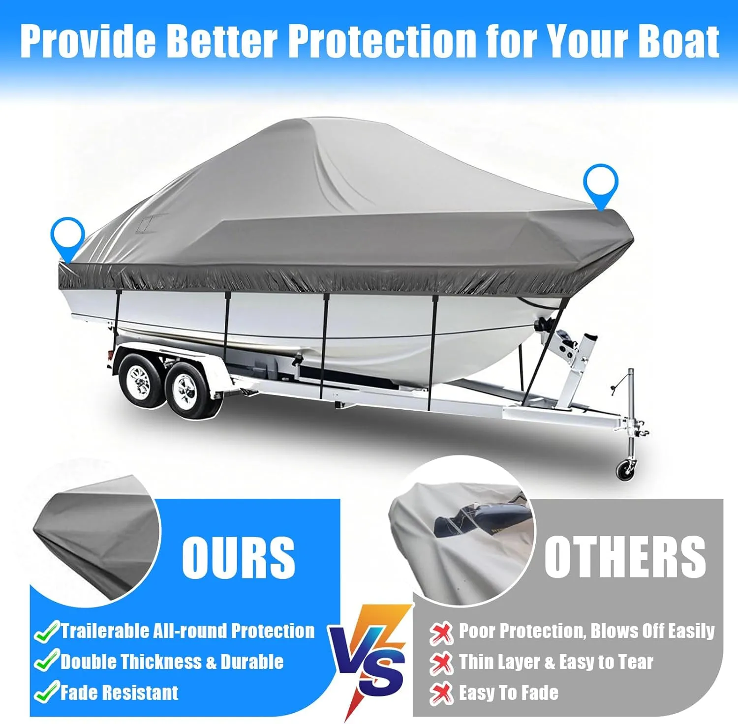 Heavy Duty 600D Boat Cover, Waterproof & UV Resistant, Fits 16-18.5 FT V-Hull, Tri-Hull, Bass Boats – Trailerable Marine Grade Cover with Adjustable Straps for All-Weather Protection