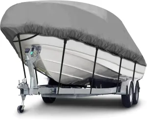 Heavy Duty 600D Boat Cover, Waterproof & UV Resistant, Fits 16-18.5 FT V-Hull, Tri-Hull, Bass Boats – Trailerable Marine Grade Cover with Adjustable Straps for All-Weather Protection