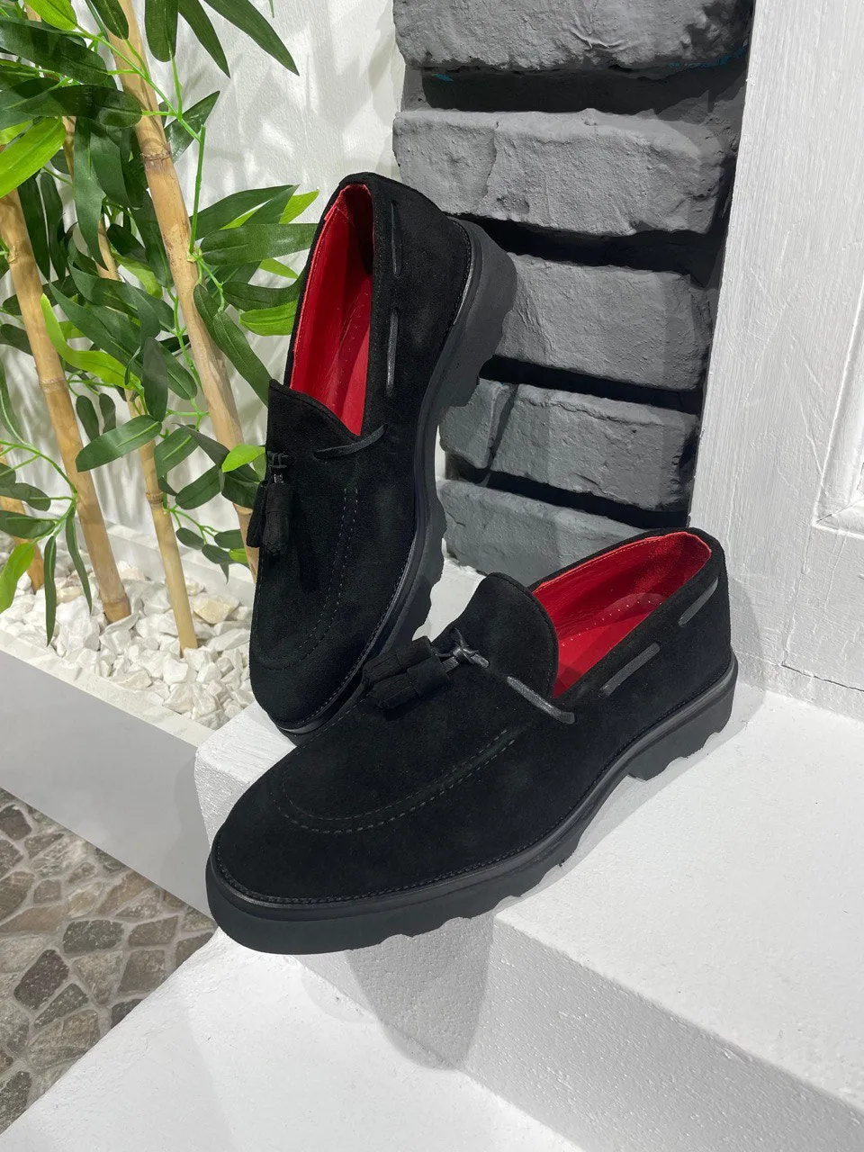HolloShoe Men's Black Suede Tassel Loafers