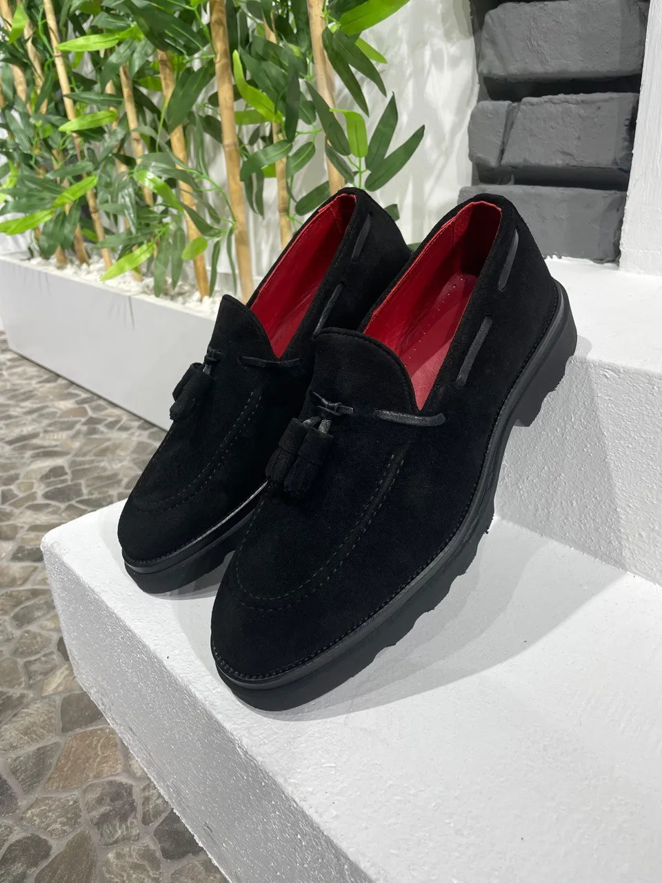 HolloShoe Men's Black Suede Tassel Loafers