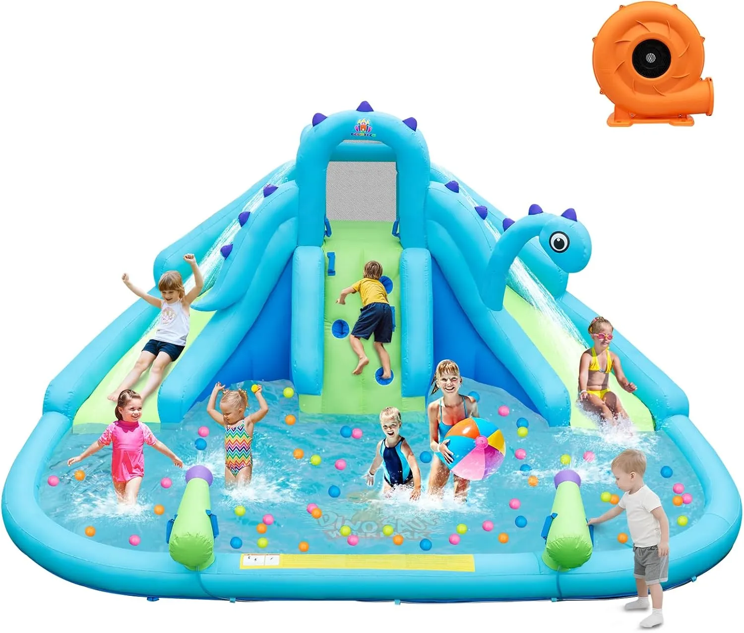 HONEY JOY Inflatable Water Slide, Dinosaur Water Bounce House Park for Kids and Adults Outdoor, Dual Slides & Splash Pool, Wet Dry Combo Blow up Waterslides Inflatable for Backyard(with 688w Blower)