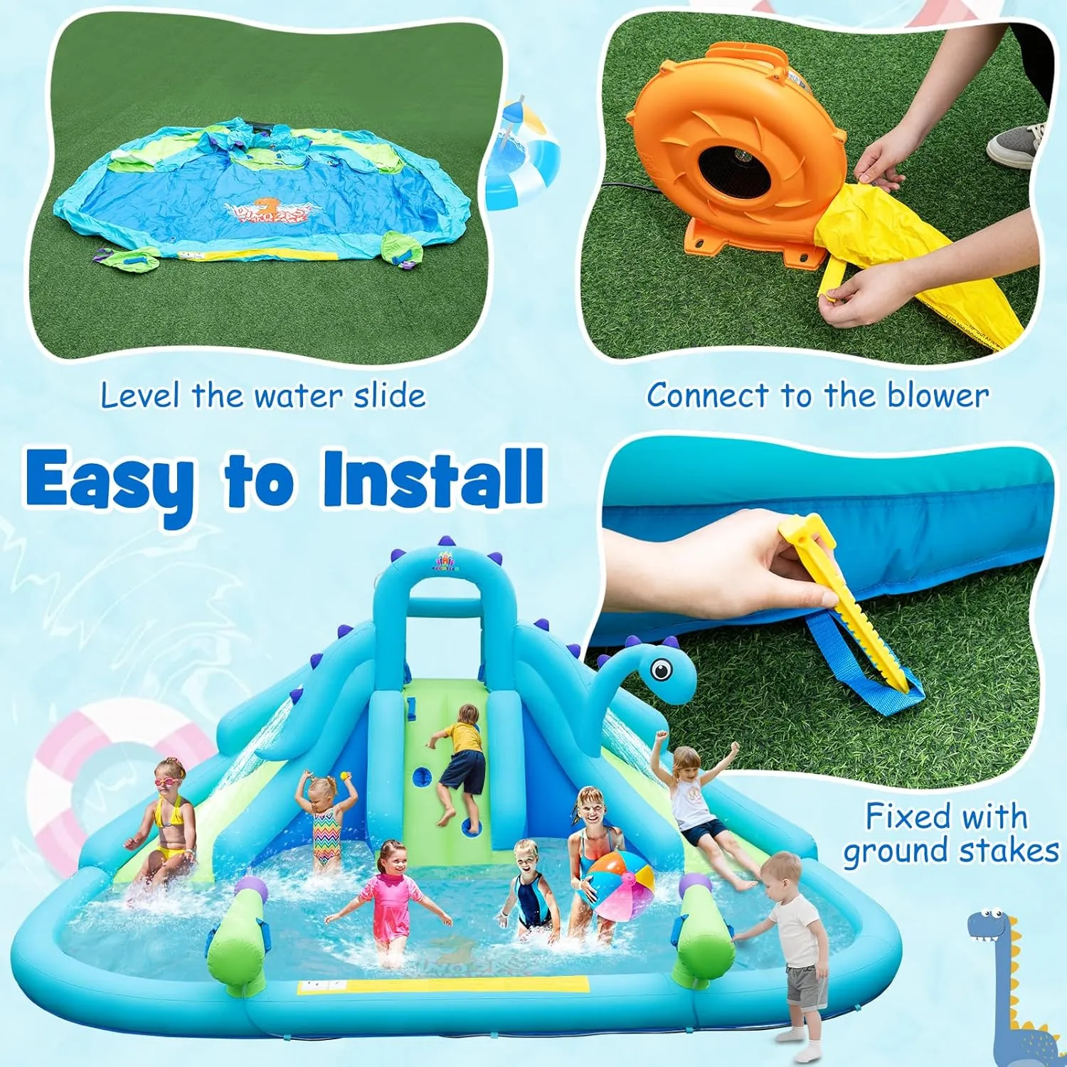 HONEY JOY Inflatable Water Slide, Dinosaur Water Bounce House Park for Kids and Adults Outdoor, Dual Slides & Splash Pool, Wet Dry Combo Blow up Waterslides Inflatable for Backyard(with 688w Blower)
