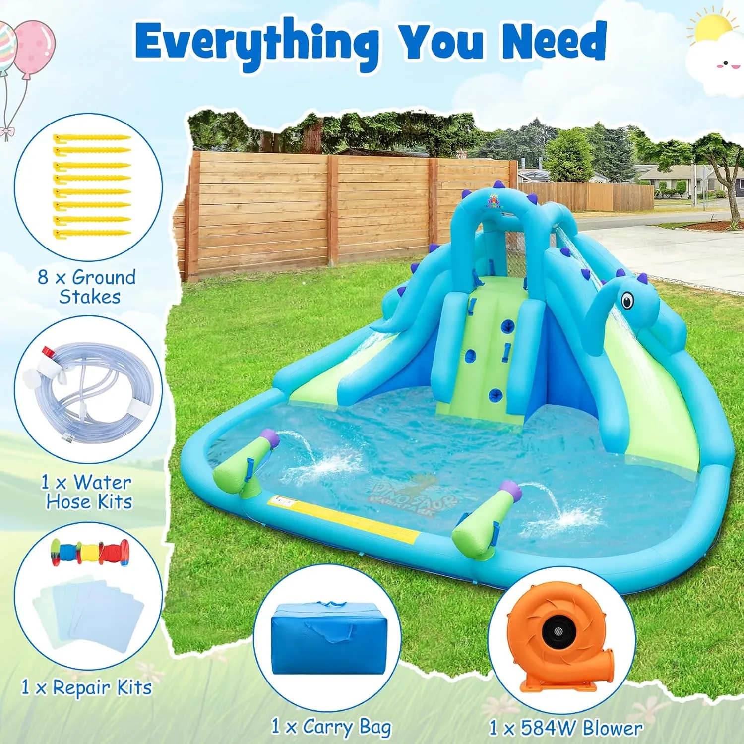 HONEY JOY Inflatable Water Slide, Dinosaur Water Bounce House Park for Kids and Adults Outdoor, Dual Slides & Splash Pool, Wet Dry Combo Blow up Waterslides Inflatable for Backyard(with 688w Blower)