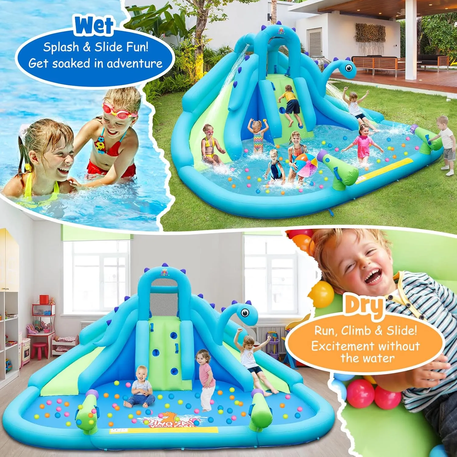 HONEY JOY Inflatable Water Slide, Dinosaur Water Bounce House Park for Kids and Adults Outdoor, Dual Slides & Splash Pool, Wet Dry Combo Blow up Waterslides Inflatable for Backyard(with 688w Blower)