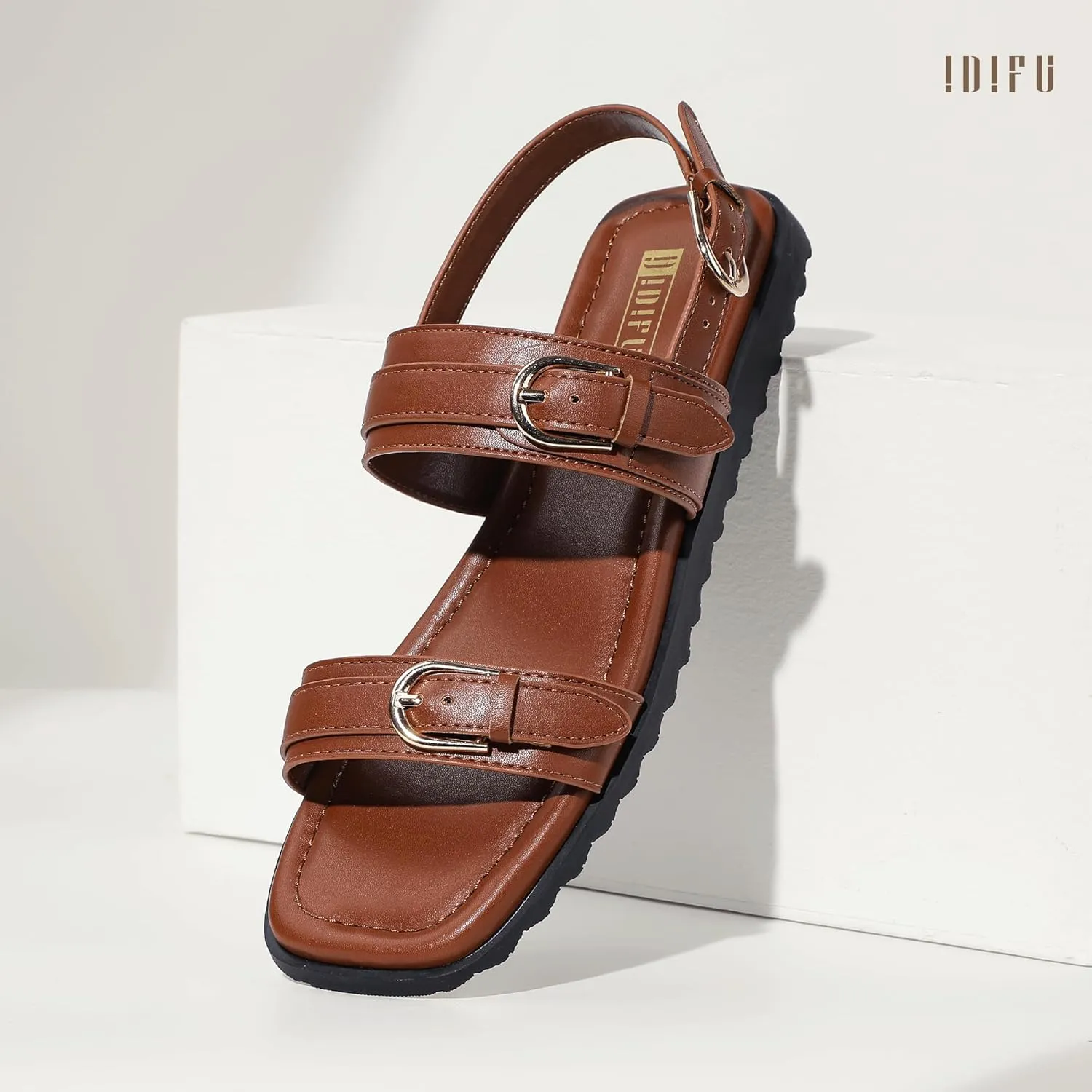 IDIFU Women's Flat Sandals Square Open Toe with Buckles Ankle Strap Slingback Dress Sandal Wedding Prom Beach Comfortable Fashion Summer Dressy Ladies Sandals