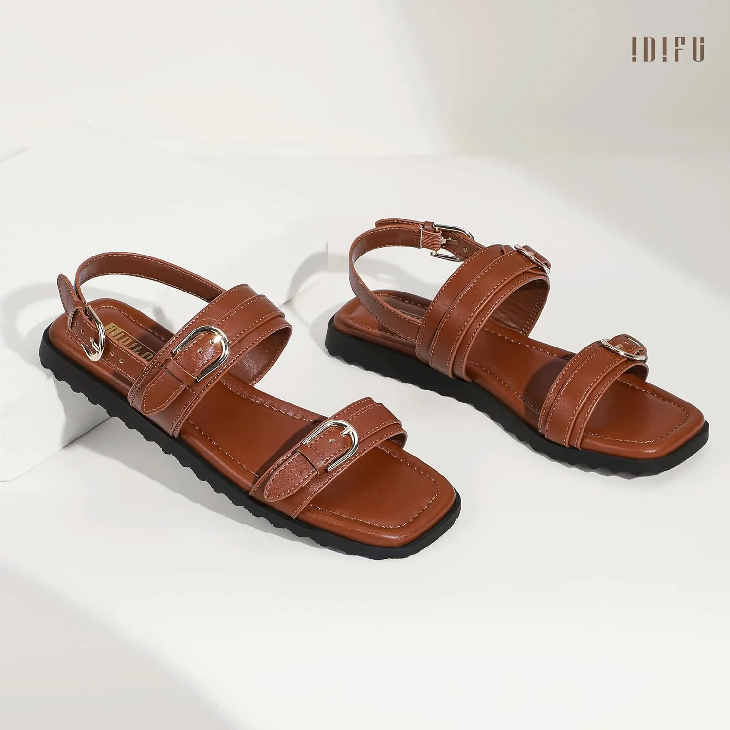 IDIFU Women's Flat Sandals Square Open Toe with Buckles Ankle Strap Slingback Dress Sandal Wedding Prom Beach Comfortable Fashion Summer Dressy Ladies Sandals