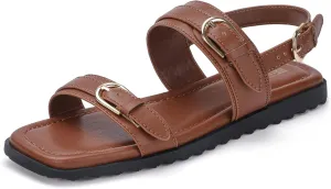 IDIFU Women's Flat Sandals Square Open Toe with Buckles Ankle Strap Slingback Dress Sandal Wedding Prom Beach Comfortable Fashion Summer Dressy Ladies Sandals
