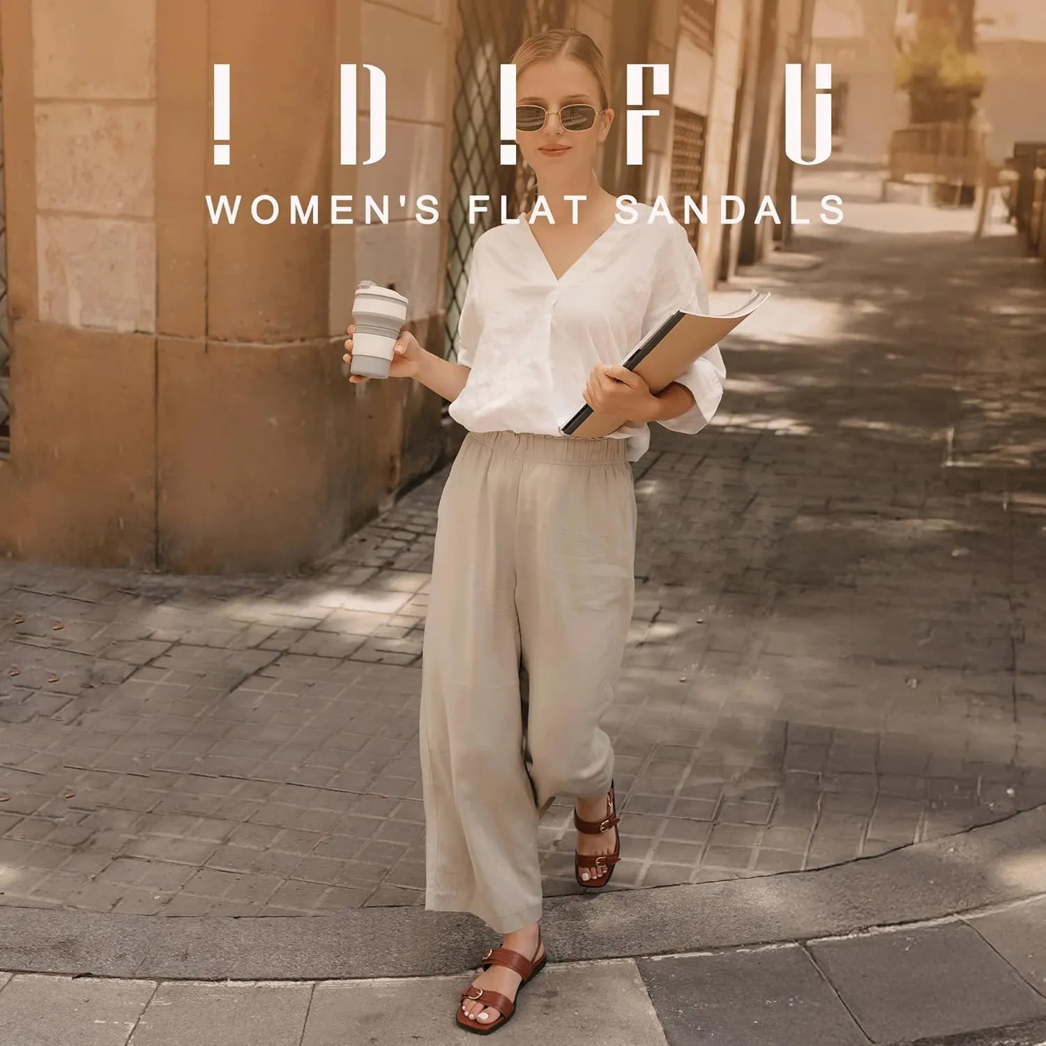 IDIFU Women's Flat Sandals Square Open Toe with Buckles Ankle Strap Slingback Dress Sandal Wedding Prom Beach Comfortable Fashion Summer Dressy Ladies Sandals
