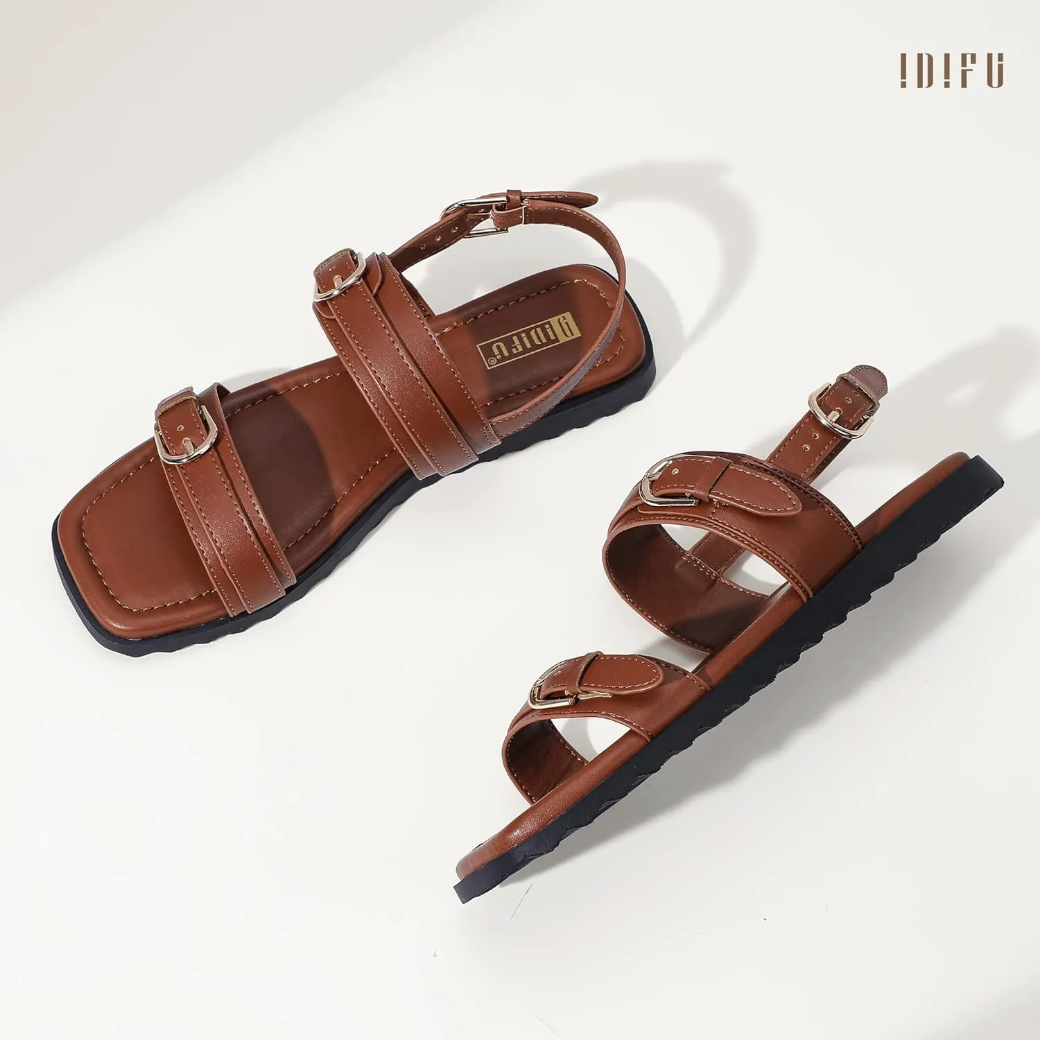 IDIFU Women's Flat Sandals Square Open Toe with Buckles Ankle Strap Slingback Dress Sandal Wedding Prom Beach Comfortable Fashion Summer Dressy Ladies Sandals