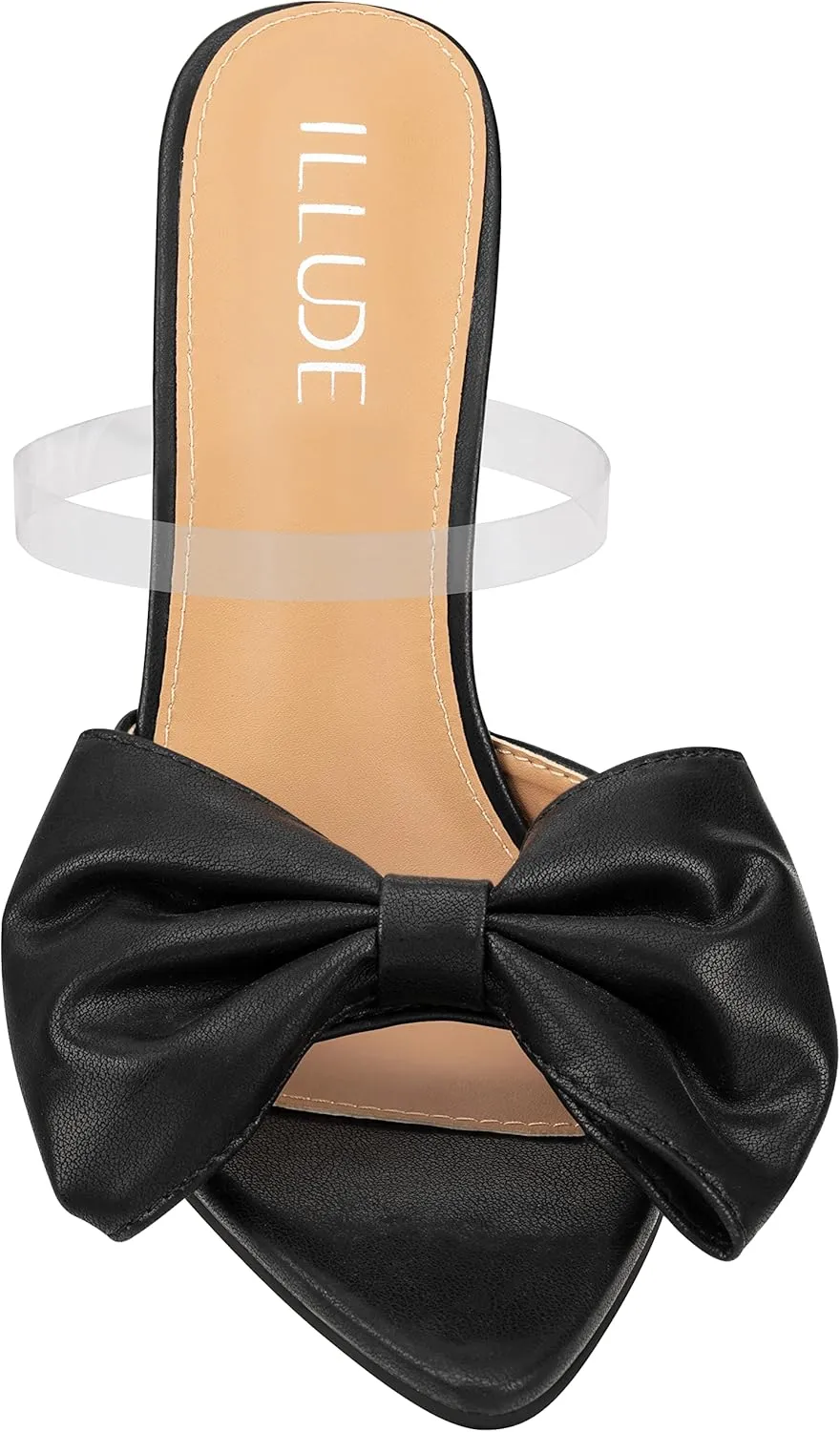 ILLUDE Women’s Chunky Block Heel with Bow Clear Pointed Toe Heeled Sandal Slip On Mule - Rosa