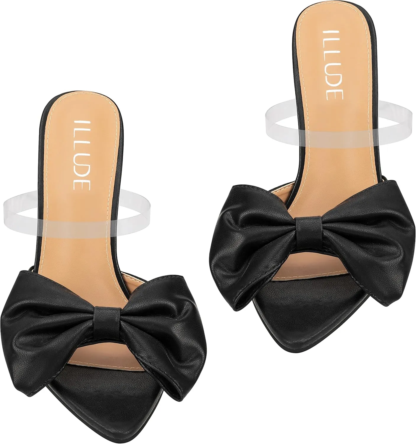 ILLUDE Women’s Chunky Block Heel with Bow Clear Pointed Toe Heeled Sandal Slip On Mule - Rosa
