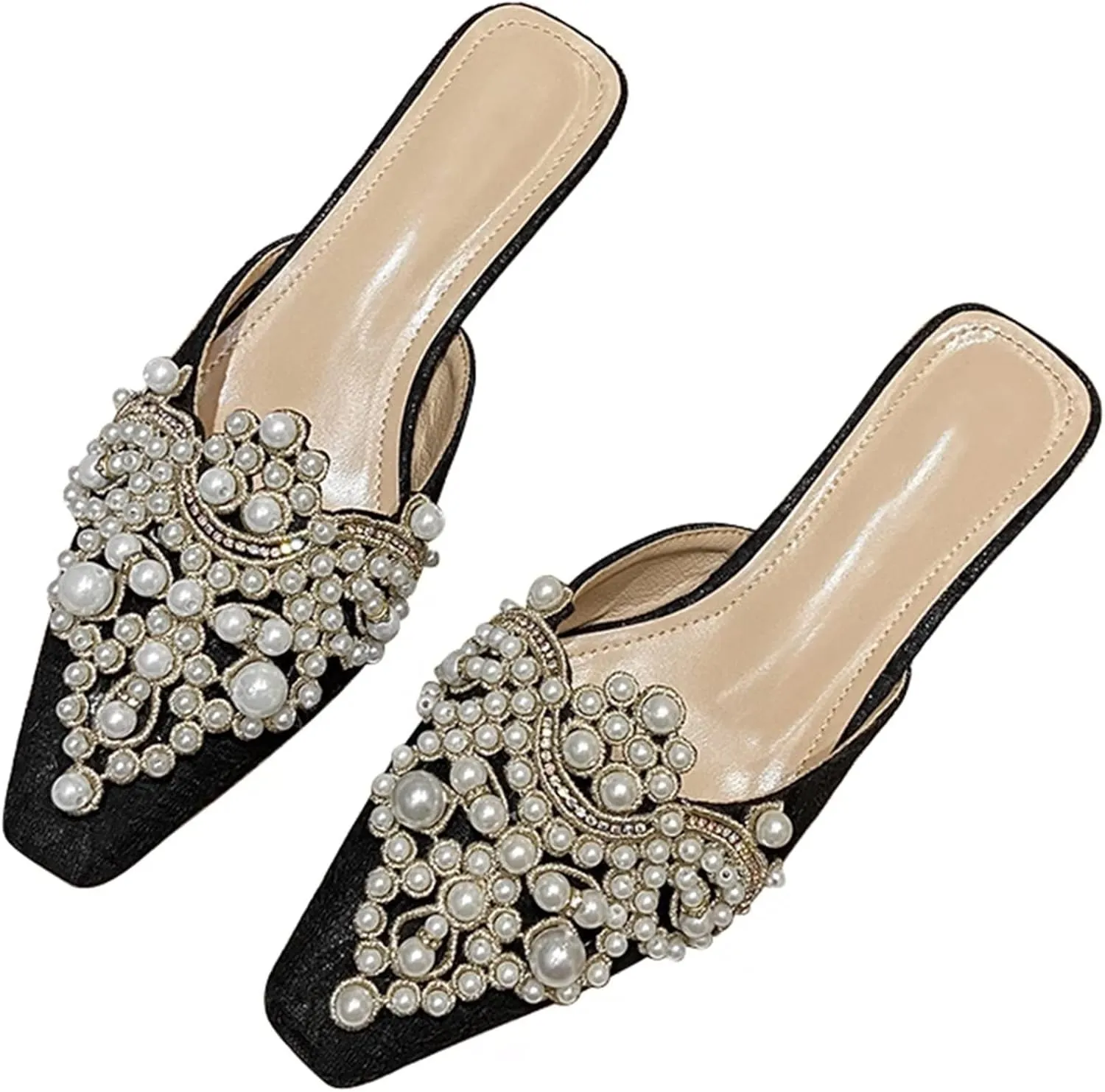INEELUYI Women's Square Toe Mules Shoes Pearl Chunky Heel Backless Slides Mules Shoes Summer
