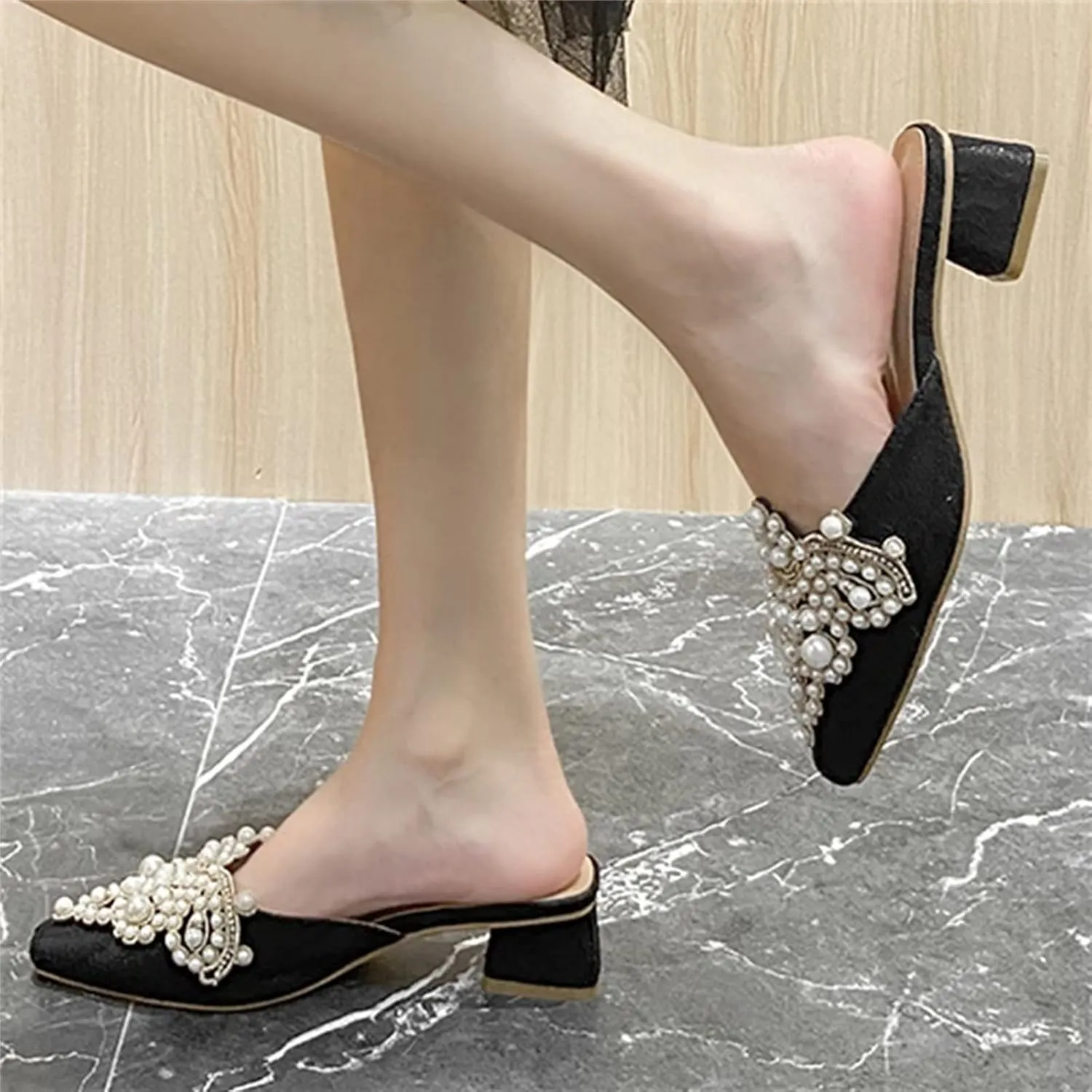 INEELUYI Women's Square Toe Mules Shoes Pearl Chunky Heel Backless Slides Mules Shoes Summer