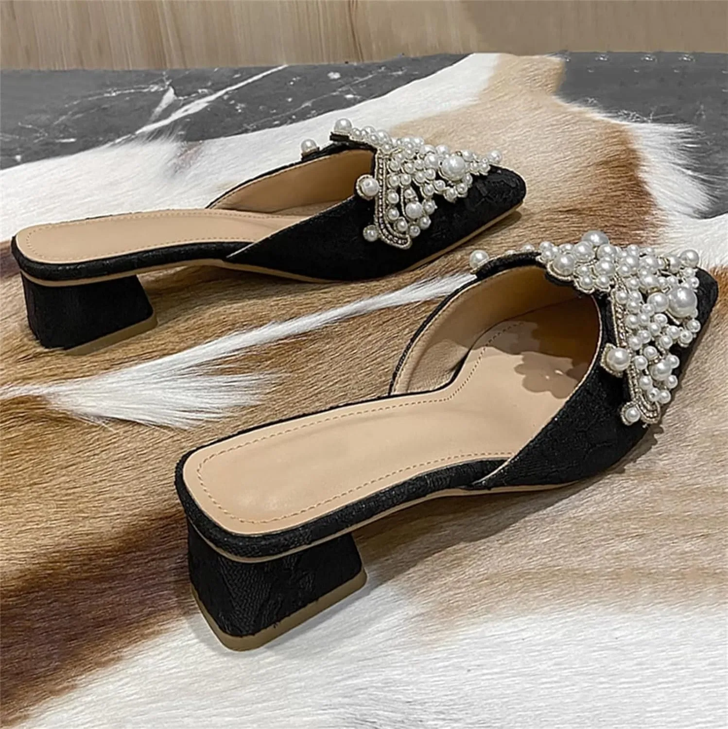 INEELUYI Women's Square Toe Mules Shoes Pearl Chunky Heel Backless Slides Mules Shoes Summer