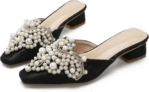 INEELUYI Women's Square Toe Mules Shoes Pearl Chunky Heel Backless Slides Mules Shoes Summer