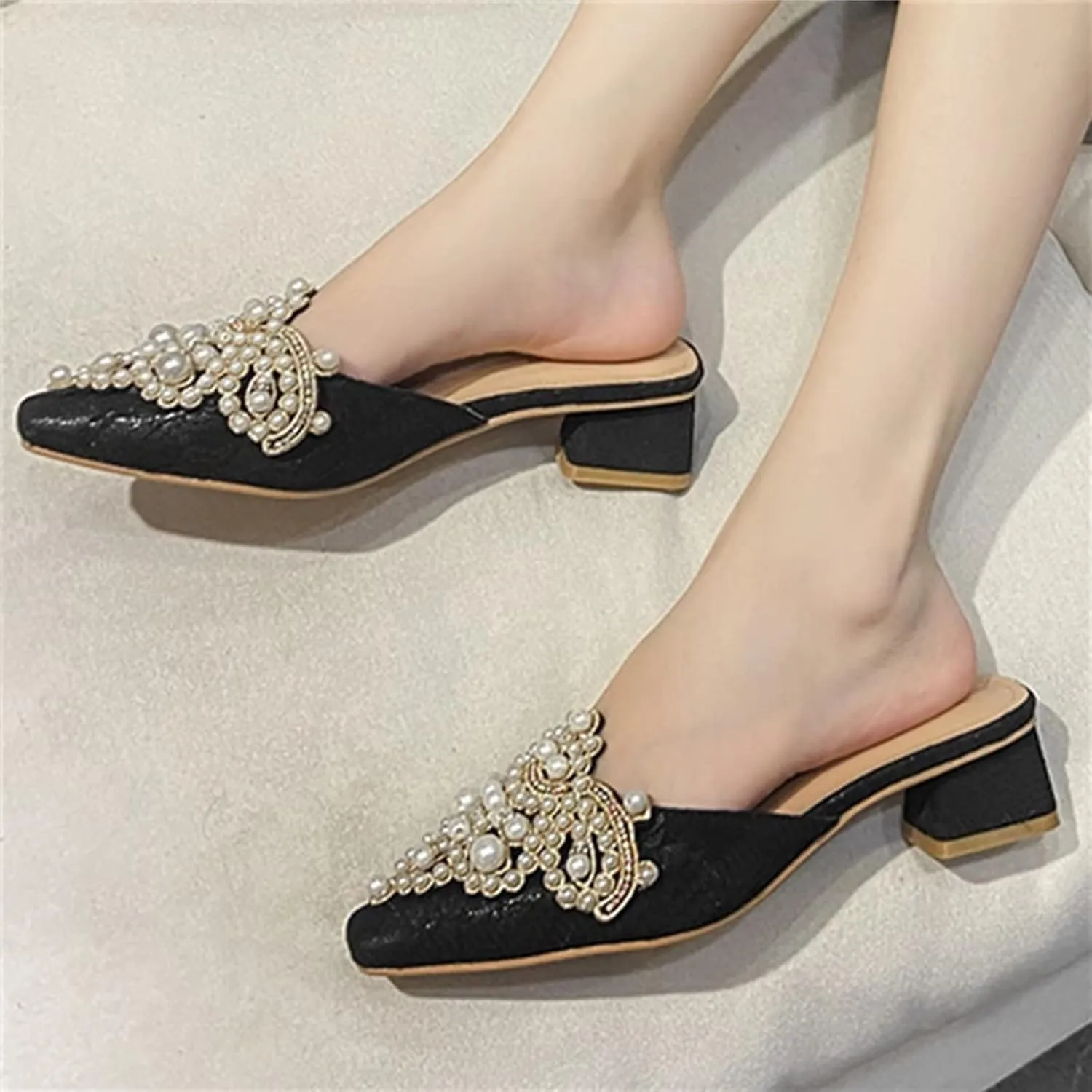 INEELUYI Women's Square Toe Mules Shoes Pearl Chunky Heel Backless Slides Mules Shoes Summer