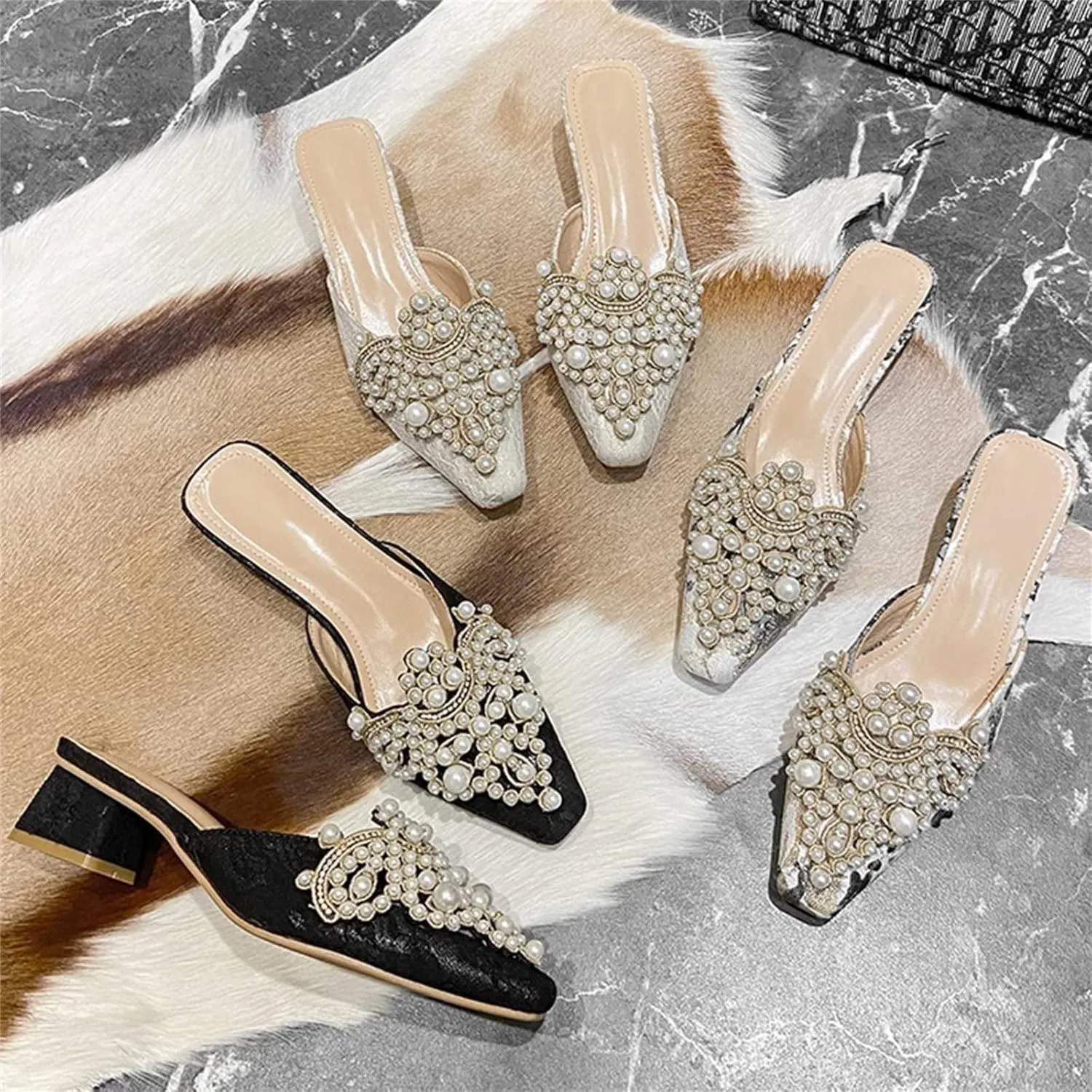 INEELUYI Women's Square Toe Mules Shoes Pearl Chunky Heel Backless Slides Mules Shoes Summer
