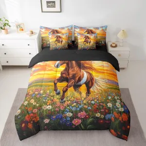 jejeloiu Cute Horse Bedding Set Queen Size Galloping Horse Comforter Set 7 Pieces Wild Western Cowboy Cute Animal Decor Farmhouse Bed in a Bag Flower Bed Set with Comforter, Sheet Set, Pillowcases