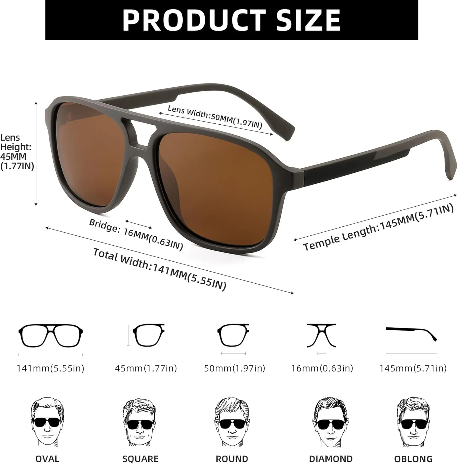 JIM HALO Polarized Aviator Sunglasses Men Women Vintage Square Driving Glasses (Matte Coffee Frame/Polarized Brown Lens)