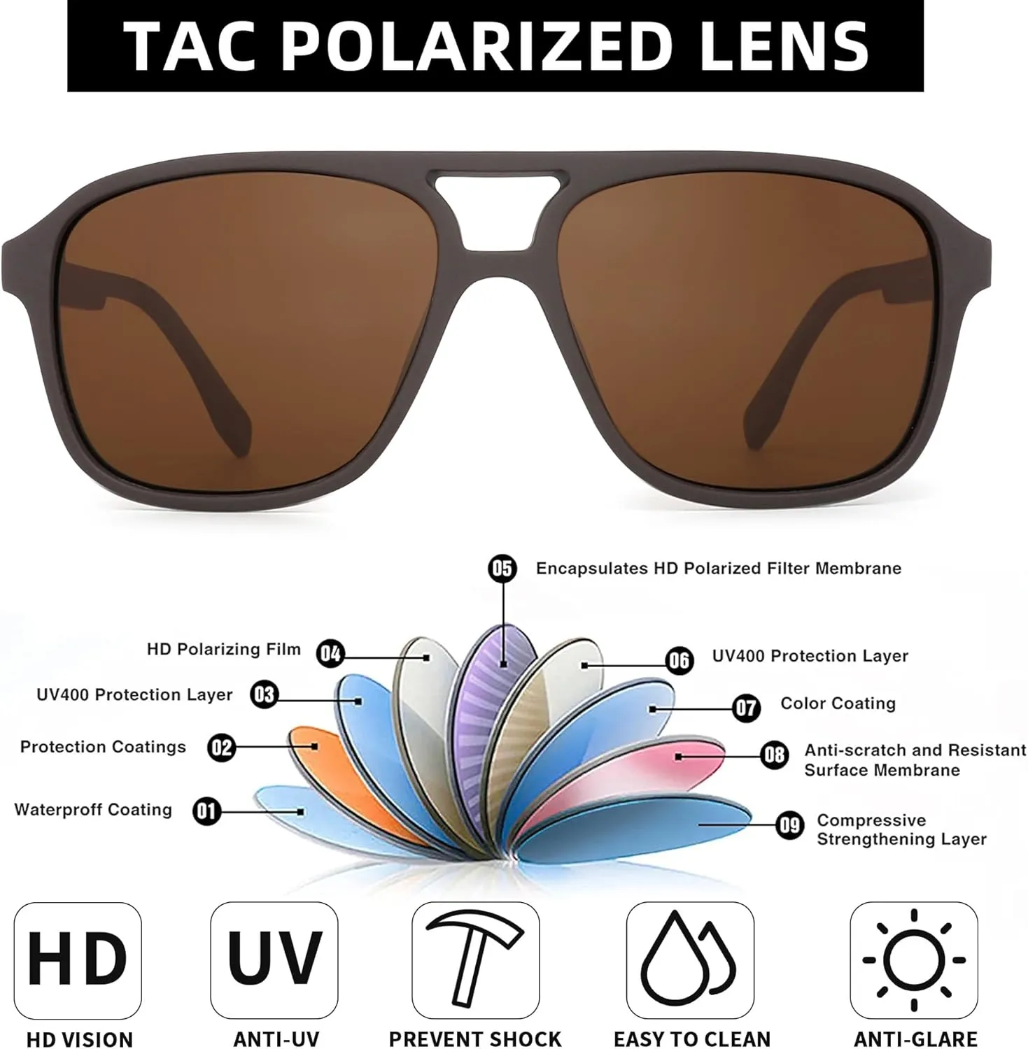 JIM HALO Polarized Aviator Sunglasses Men Women Vintage Square Driving Glasses (Matte Coffee Frame/Polarized Brown Lens)