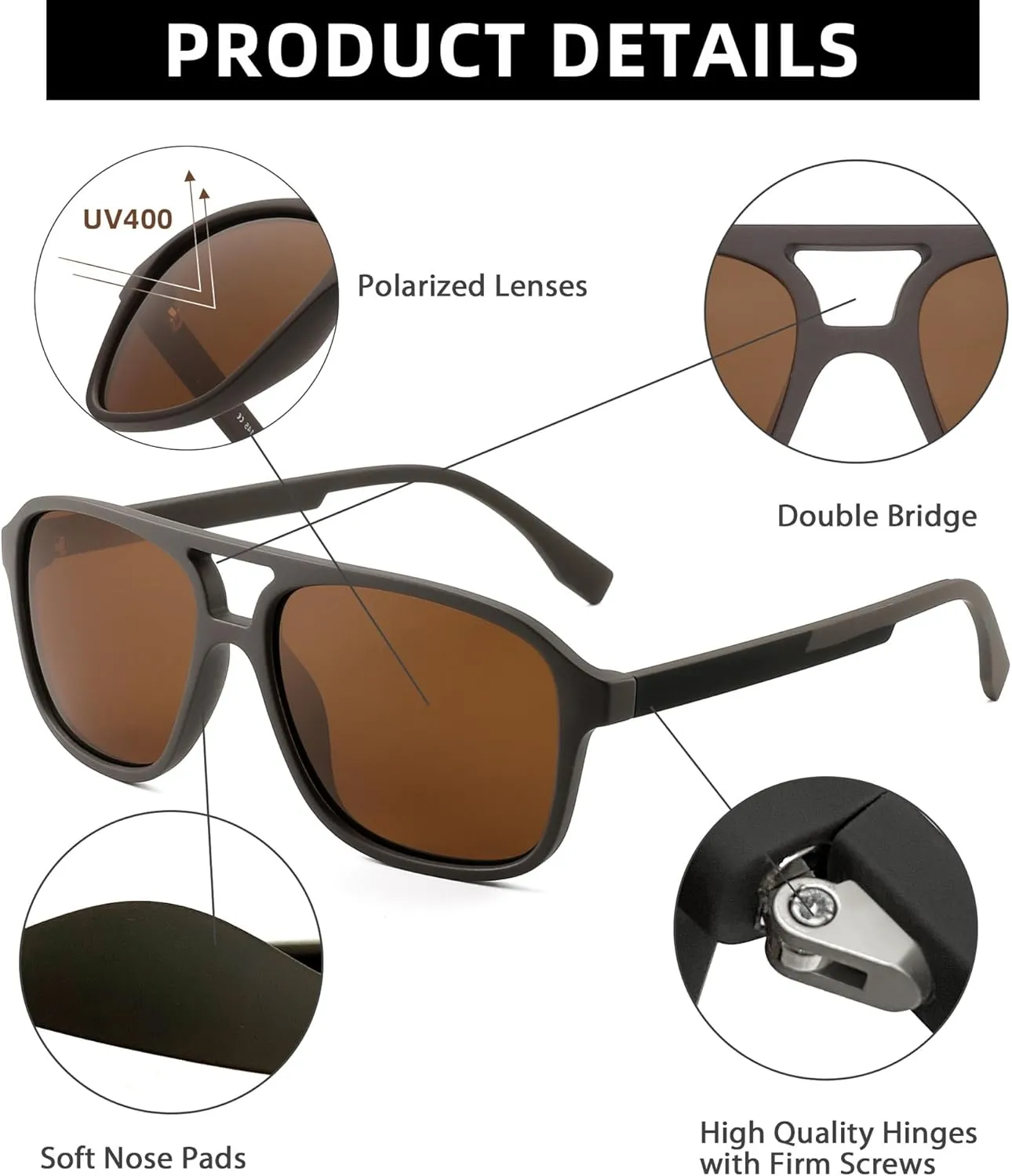 JIM HALO Polarized Aviator Sunglasses Men Women Vintage Square Driving Glasses (Matte Coffee Frame/Polarized Brown Lens)
