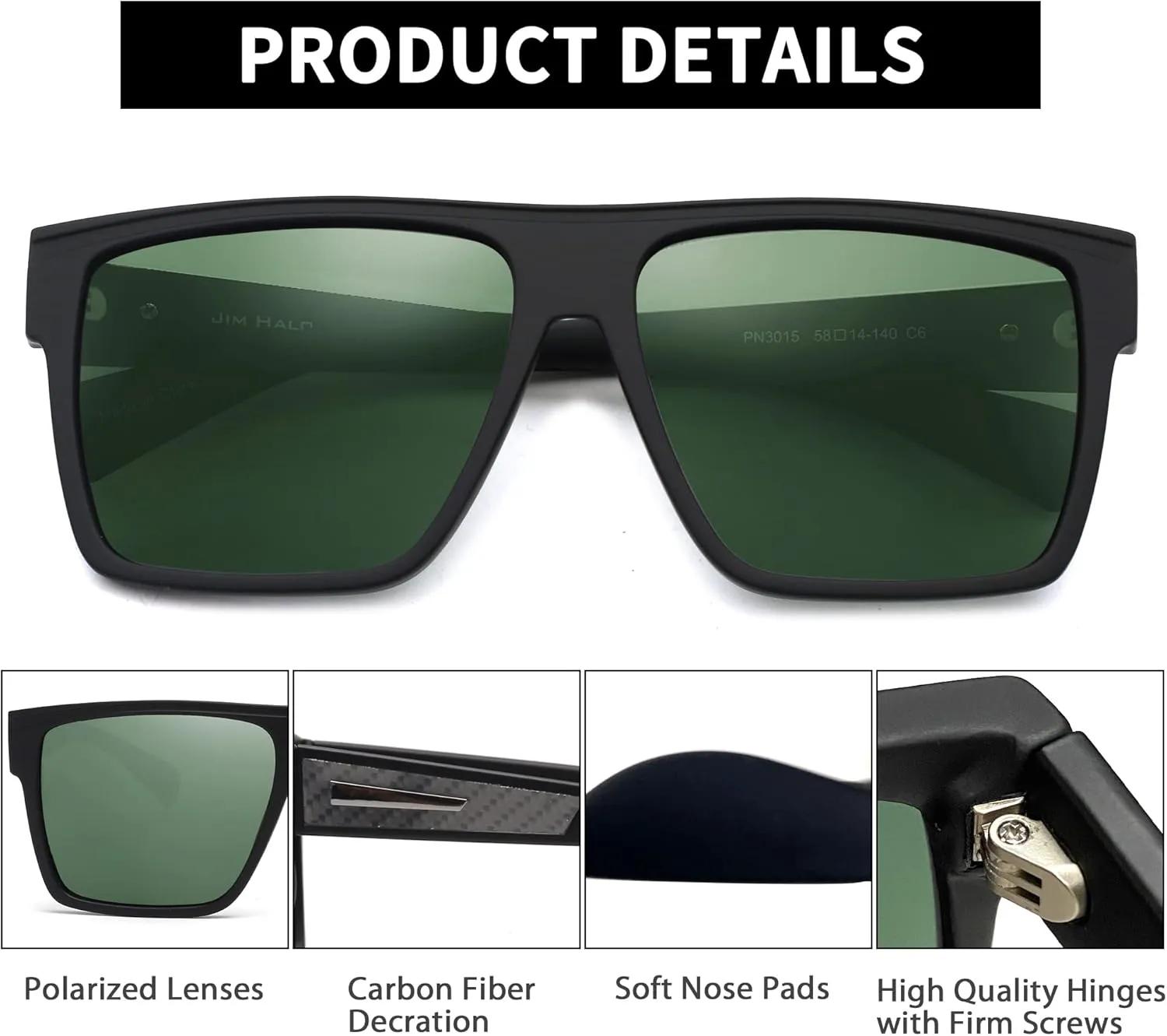 JIM HALO Retro Polarized Sunglasses Men Women Flat Top Square UV400 Glasses for Driving Fishing Hiking Golfing