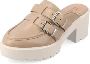 Journee Womens Light Weight Platform Mule Slip On Almond Toe Block Heel Buckle Brydie Comfort Foam Pumps