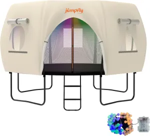 jumpfly Trampoline Round Tent(Tent ONLY) Fits 12FT Frame 8 Curved Poles with LED Lights Trampoline Accessories - Wear-Resistant - Black/Lightbrown