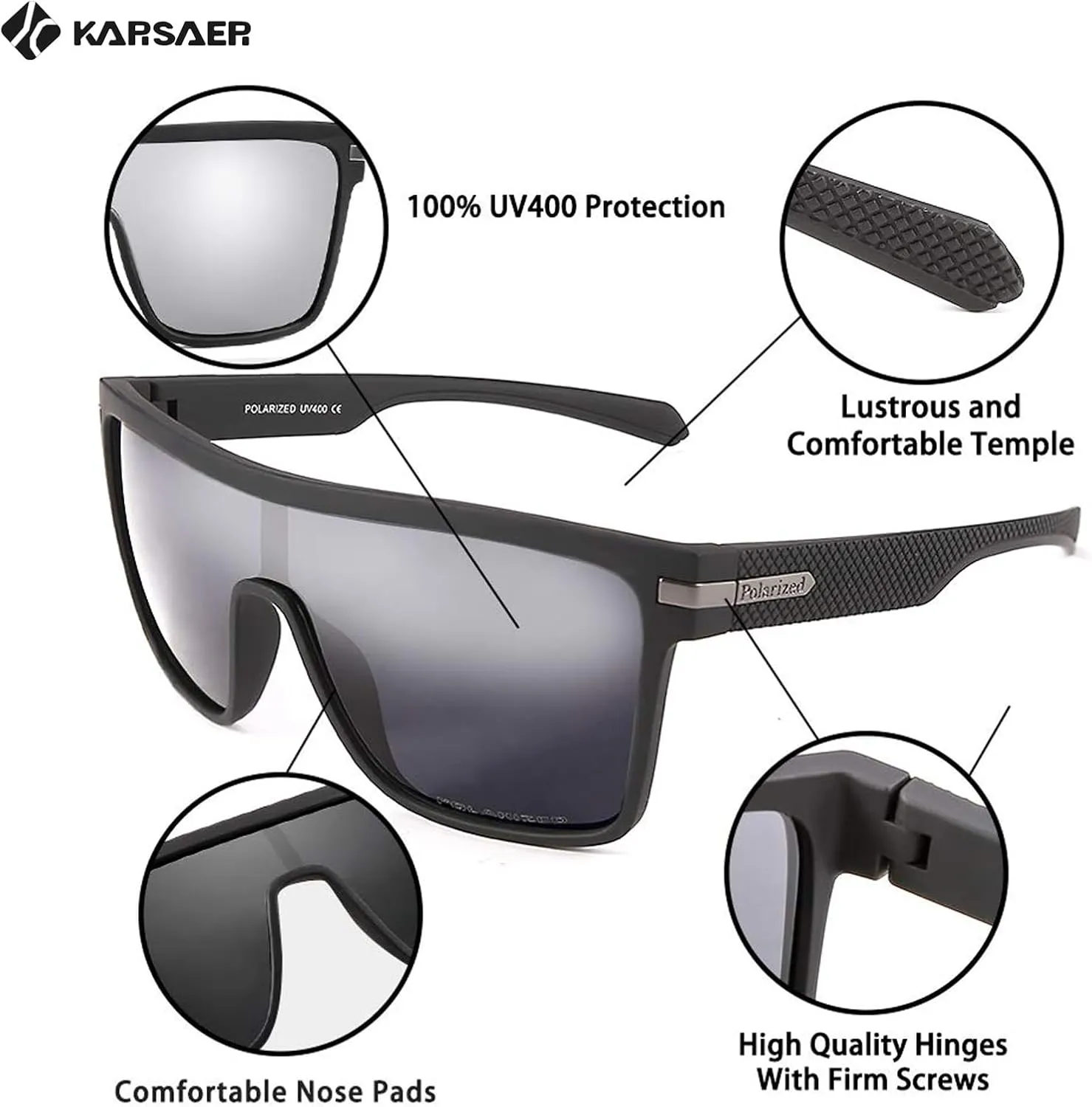 Karsaer Flat Top TR90 Polarized Sports Mens Sunglasses Vintage Square Cycling Running Fishing Golf Hiking Sports Glasses