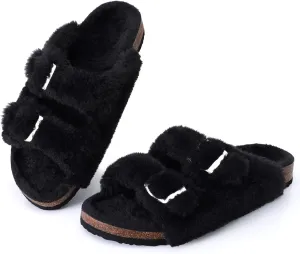 KIDMI Fuzzy Slippers Women with Cork Footbed Fluffy Slides Open Toe Indoor House Shoes | Arch Support | Adjustable Buckles