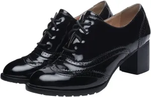 KIKIVIVI Womens Wingtip Lace Up Oxford Shoes Chunky Block Heel Round Toe Pumps