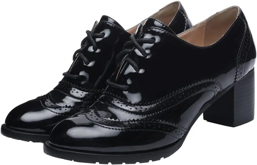 KIKIVIVI Womens Wingtip Lace Up Oxford Shoes Chunky Block Heel Round Toe Pumps