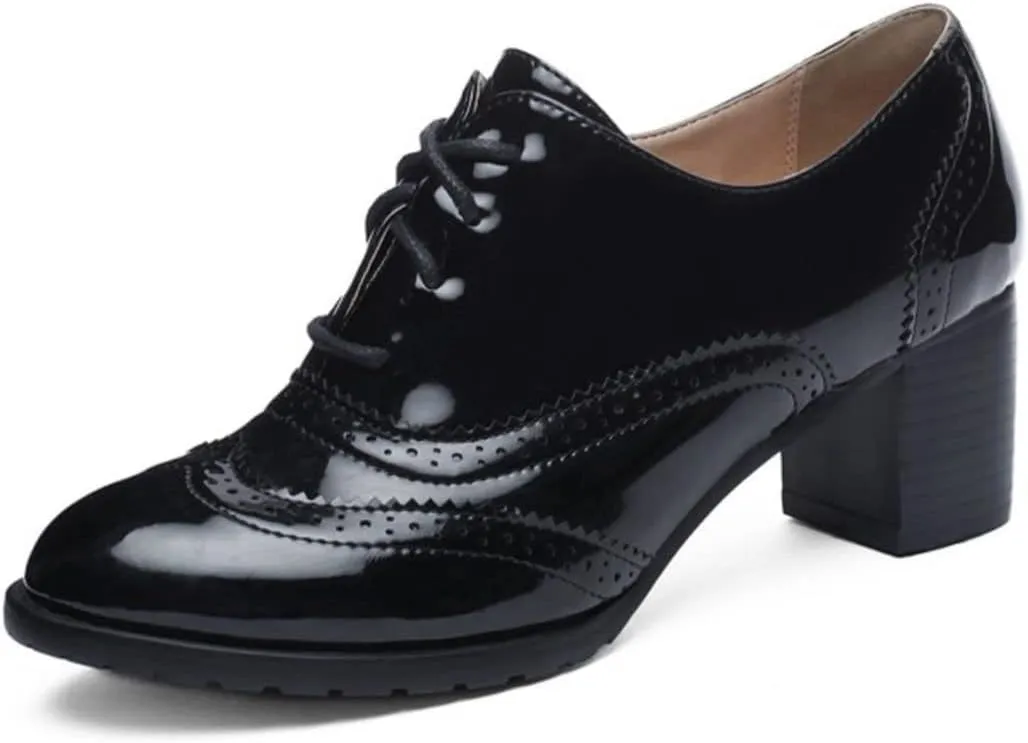 KIKIVIVI Womens Wingtip Lace Up Oxford Shoes Chunky Block Heel Round Toe Pumps