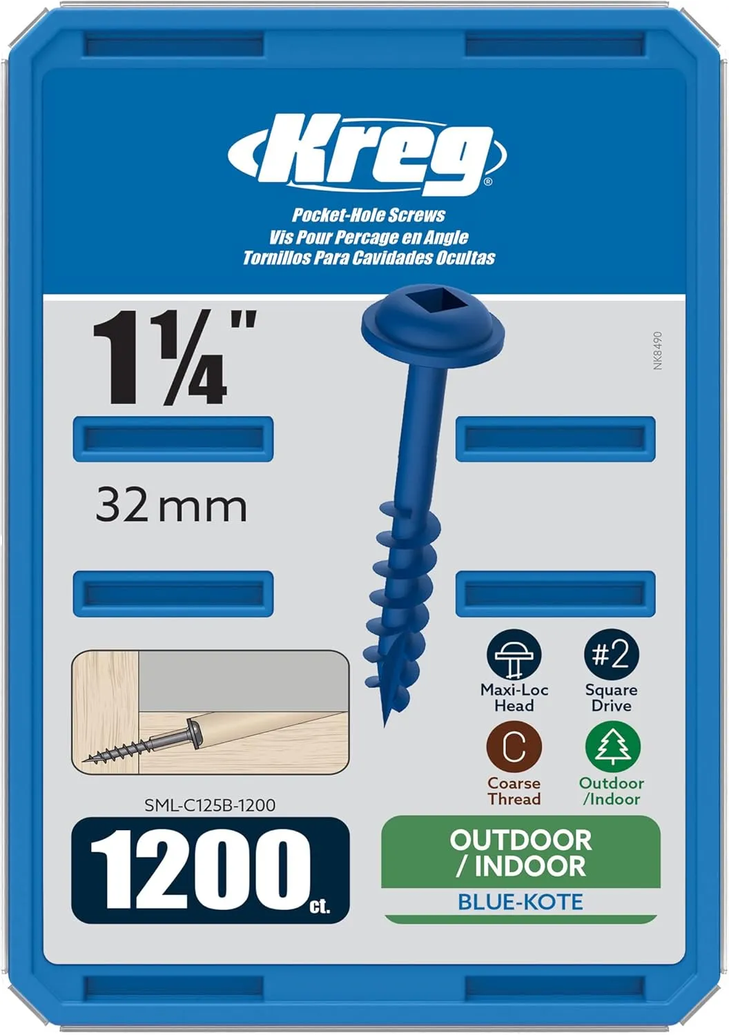 Kreg SML-C125B-1200 Blue Kote Weather Resistant Pocket Screws, 1 1/4-Inch #8 Coarse Thread, Maxi-Loc Head, (1200 Count)