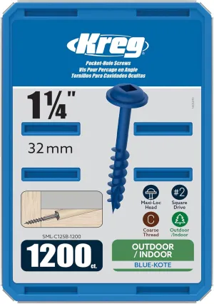 Kreg SML-C125B-1200 Blue Kote Weather Resistant Pocket Screws, 1 1/4-Inch #8 Coarse Thread, Maxi-Loc Head, (1200 Count)