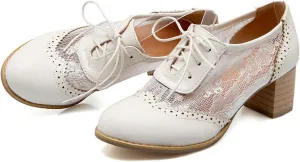 Lace Chunky Heel Oxfords for Women Pointed Toe Wingtip Lace-Up Block Formal Heels Mesh Elegant Work Bridal Dress Shoes