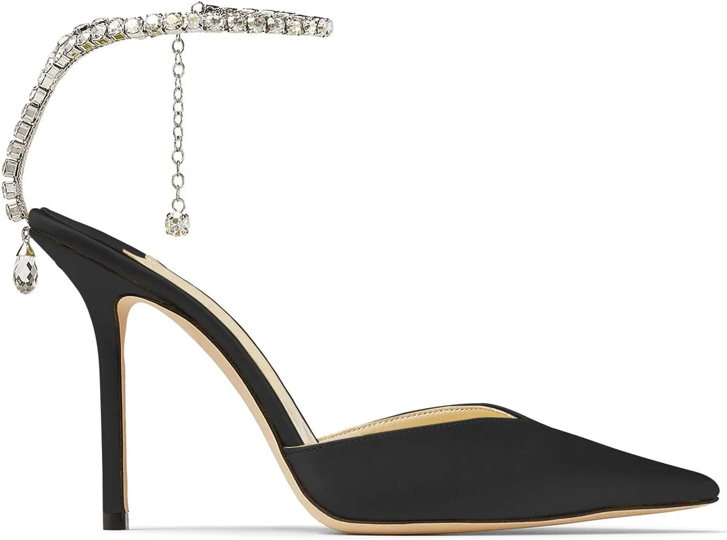 LauraVicci Women's Heeled Sandals Crystal Chain Ankle Straps Rhinestones Buckle High Heels Stiletto Slip On Wedding Party Satin Dress Shoes