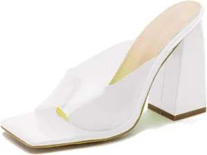 LEMUTISME Women's Stylish Minimalist Square Open Toe Slip On PVC Clear Comfort 4 Inches Chunky High Heel Backless Mule Sandals
