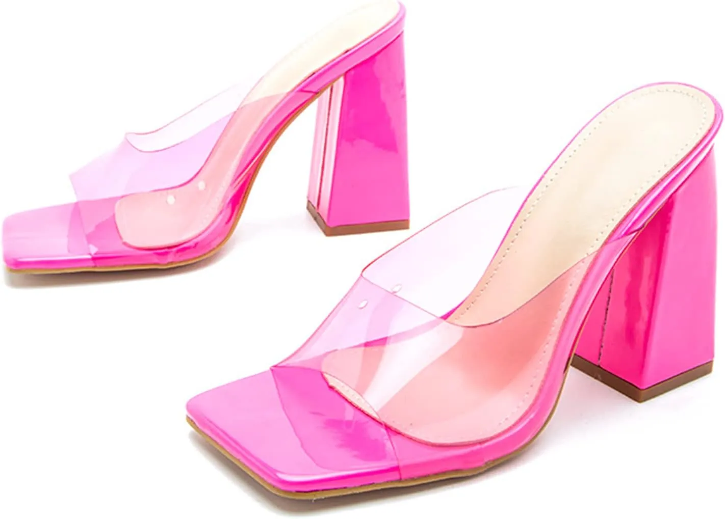 LEMUTISME Women's Stylish Minimalist Square Open Toe Slip On PVC Clear Comfort 4 Inches Chunky High Heel Backless Mule Sandals
