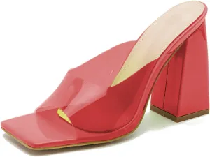 LEMUTISME Women's Stylish Minimalist Square Open Toe Slip On PVC Clear Comfort 4 Inches Chunky High Heel Backless Mule Sandals