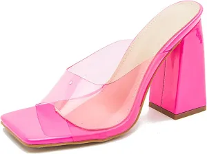 LEMUTISME Women's Stylish Minimalist Square Open Toe Slip On PVC Clear Comfort 4 Inches Chunky High Heel Backless Mule Sandals