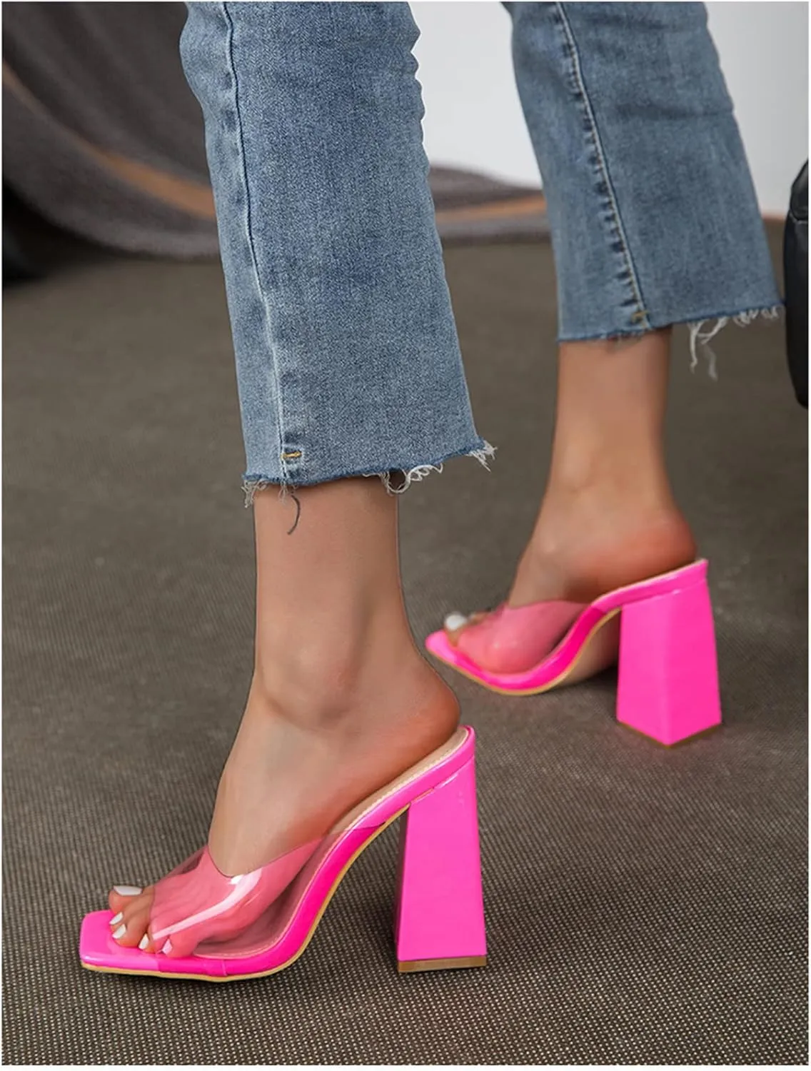 LEMUTISME Women's Stylish Minimalist Square Open Toe Slip On PVC Clear Comfort 4 Inches Chunky High Heel Backless Mule Sandals