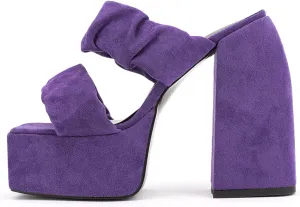 LEMUTISME Women's Trendy Square Toe Platform Two Straps Chunky Block Heeled Slide Sandals Casual Summer Faux Suede Open Toe Slip On Dress High Heels