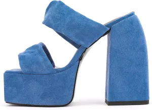 LEMUTISME Women's Trendy Square Toe Platform Two Straps Chunky Block Heeled Slide Sandals Casual Summer Faux Suede Open Toe Slip On Dress High Heels