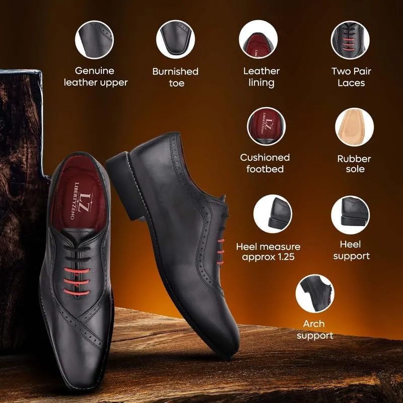 LIBERTYZENO Mens Burnished Toe Genuine Leather Adults Lace Up Oxford Dress Shoes for Prom Graduation